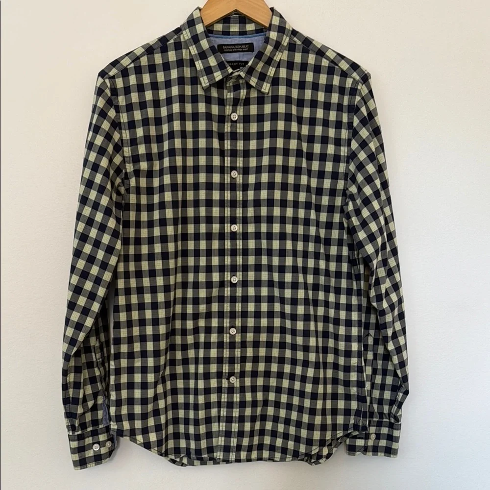 Men’s Banana Republic Grant Custom 078 Wash Checkered Shirt Blue Green Size M